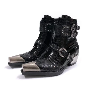Western Cowboy Retro Chelsea Boots Punk Style for Pattern Side Zipper Men’s Women’s Shoes Glossy Patent Leather Ladies Shoes