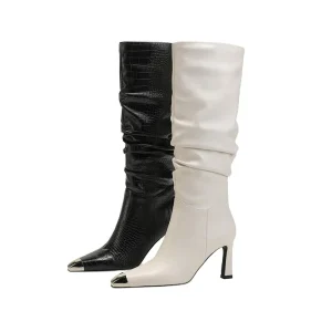 Western Croc Pattern Knee High Boots Glossy Metal Toe Stiletto Heel Stylish Design Patented PU Leather Summer Anti Slip