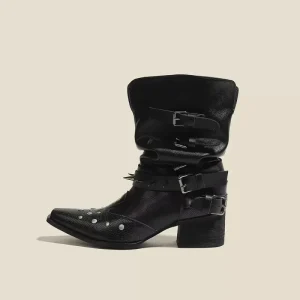 Western Mid Calf Cowgirl Boots V Cut Stacked Shaft Pointed Toe Buckle Stud Details Ankle Height Increasing Winter Button Closure
