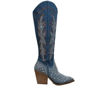 Western Style Knee Boots Denim Plus Size High Heels Sparkling Women’s Diamond Boots