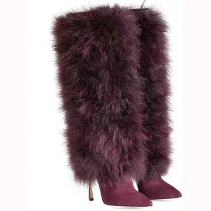 Western Style Winter Zipper-Up Floral Knee-High Stiletto High Heel Fur Boots Pointed Toe Women’s Comfort Lightweight