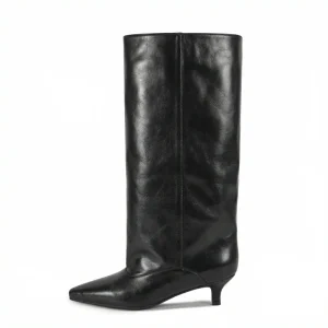 Western Style Women’s Pull on Knee High Boots Oversized Wide Calf Oiled PU Pointed Toe 4CM Kitten Heel Slouch