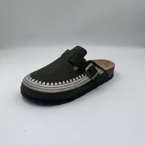 Whipstitch Suede Mules Retro Embroidered Border Women’s Cork Clogs Closed Toe Slippers