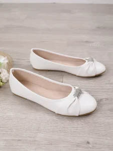 White Bow Decor Rhinestone Flat Shoes for Women Lightweight PU Slip-On Ballet Shoes
