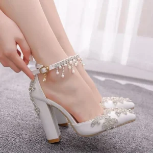 White Crystal Wedding Shoes High Heel Bridal Shoes Women’s Sandals