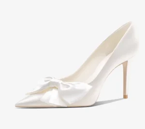 White Fashion Elegant Wedding Shoes Pointed Toe Closed Toe Thin High Heel Slip on Upper With Bow Pumps for Women