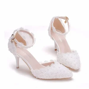 White/Pink/Blue Lace 3-5cm Thin Heels Slingback Bridal Wedding Shoes Women’s Plus Size 33-43 Genuine Leather