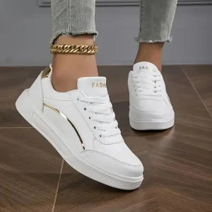 White Platform Sneakers Classic Gold Metallic Trim Casual Chunky Walking Sports Shoes for Women