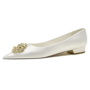 White Silk Upper With Pearl Buckle Decoration Point Toe Pump Shape Design Women’s Flat Wedding Shoes