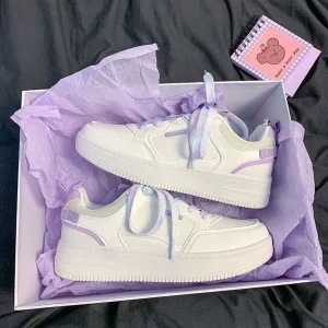 White Sneakers Women Lace-up PU Upper Rubber Outsole Campus Style Student Sports Casual Comfortable Antislip