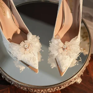 White Synthetic Upper Flower Pearl Bridal Wedding High-Heel Stiletto Heel Pointed Toe Women’s Shoes