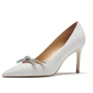 White Wedding Shoes for Bride Low Heel Crystal Rhinestone Heels Ladies Dress Shoes
