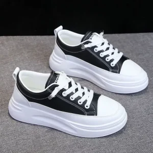 White Women’s Autumn Lace-Up Breathable Height-Increasing Thick-Soled Korean-Style Sneakers All Seasons Casual Shoes