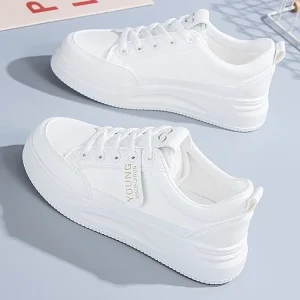 White Women’s Shoes New Autumn Soft-soled Travel Shoes Artificial Pu Upper Breathable Anti-Slip Front Laces Sports Sneakers