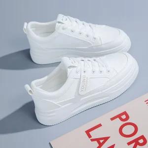 White Women’s Solid Lace-up Korean Style Flat Sneakers Spring All Seasons Sports Shoes