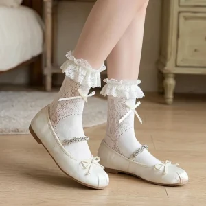 White and Black Lace Ruffle Bow Ankle Socks Women’s Cute Hollow Knit Socks for Lolita, Balletcore & Daily Use