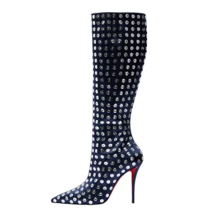 Wide Fit Women’s Silver Rivets Knee High Boots Ladies Big Size 46 Low Spike Heels Shoes Pointed Toe Studded Long Booties