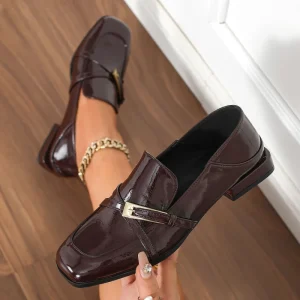 Wine Red Solid Loafers for Women Square Toe Low Block Heel Buckle Slip-On Shoes Office Work Flats
