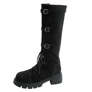 Winter Autumn Black Round Head Women’s High Boots Suede Thigh Over Knee Women’s Lace up Boots
