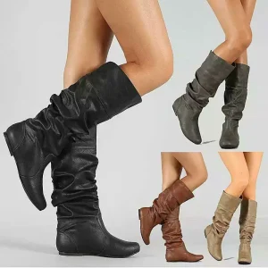 Winter Autumn Western Casual Outdoor Slip On Round Toe Knee High Waterproof Anti Slippery Flat Heel Fashion Boots for Women
