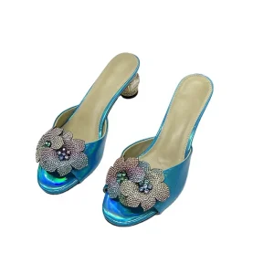 Winter Collection Elegant Peep Toe Heel Mules Women’s Sandals Crystal Flower Buckle Plus Size Heels