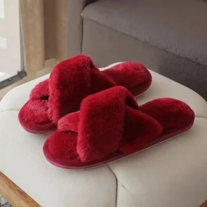 Winter Fashion Ladies Stuffed Fluffy Fuzzy Soft Bottom Indoor House Plush Open TPR Warm Cross Shoes Slides Slippers for Women