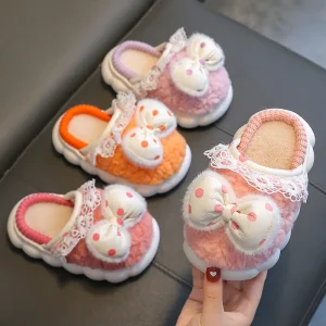 Winter Girls Slippers Bow Design Children’s Cotton Plush Shoes Thickened Cotton Slippers for Kids