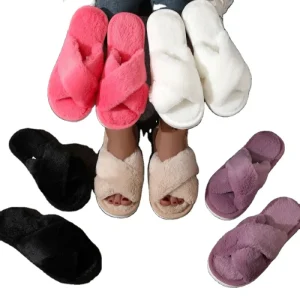Winter Indoor Cross-Strap Plush Cotton Slippers for Women Open Toe Furry Slippers