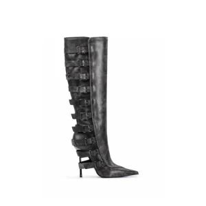 Winter Large Size 46 Women’s Back Metal Buckles Long Slim High Heeled Pointed Toe Knee High Roman Wide Fit Side Zipper Shoes
