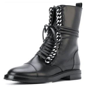 Winter New Arrival Women Fashion Flat Metal Chain Lace up Punk Mid Calf Short Boots