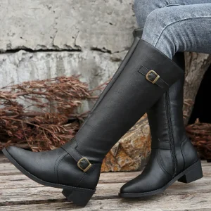 Winter New European American Style Women’s Boots Large Size Chunky Heel Pointed Toe Zipper Long Boots Artificial PU Upper