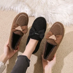 Winter New Korean Fashion Casual Women’s Plush Shoes with Fleece Thickened Warm Indoor Loafers Bowknot PVC Outsole Slip On