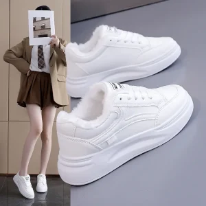 Winter New Women’s Fleece Lined Warm White Sneakers Thick Sole Casual Board Shoes Versatile Sports Shoes for Students