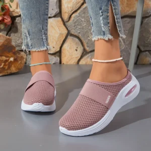 Winter New Women’s Mesh Fabric Solid Color Breathable Slip-On Mules Casual Flat Heel Shoes Factory Direct Supply
