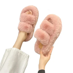Winter Open Toe Slipper Fur Thick Sole Flats Heel Ladies Casual Slip-on Bedroom Shoes Soft Outdoor Fashion Fur Slippers