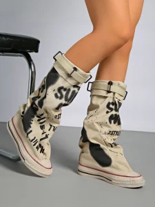 Winter Ready to Ship New Design High Top Graffiti Canvas Shoes Knee High Boots for Girls School Party Shopping