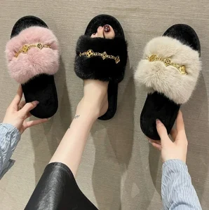 Winter Spring Trendy High end Plush Suede Upper Slippers for Women’s Outdoor Use Thick Rubber Outsole One shoulder