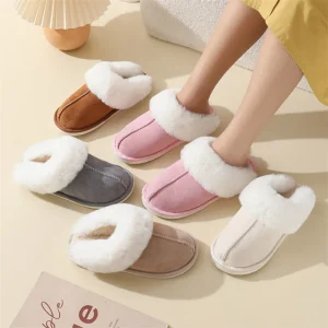 Winter Suede Upper Fleece-Cuffed Slippers Thick Anti-Slip Sole Warm Indoor House Slippers for Women