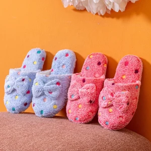 Winter Thick Warm Indoor House Cute Plush Fuzzy Comfy Thick Non Slip Home Cotton Polka Dot Bow slippers for Women