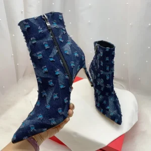 Winter Vintage Denim Boots Thin High Heels Ankle Boots for Women Zipper Pointed Toe Shoes