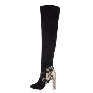 Winter Women’s Black Suede Snake Print Chunky Heel Over the Knee High Heel Long Boots