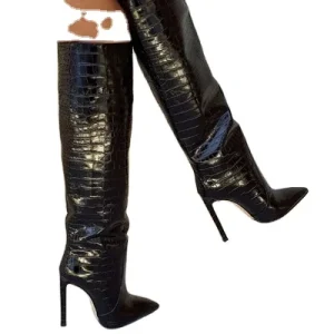 Winter Women’s Boots New Fashion Ladies Pointed Custom Luxury Design Crocodile Leather Heeled Women Boots