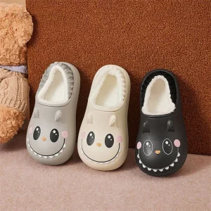 Winter Women’s Closed Toe Anti Slippery Warm Lightweight Waterproof Cute Cartoon Pattern Cotton Fabric EVA Home Indoor Slippers