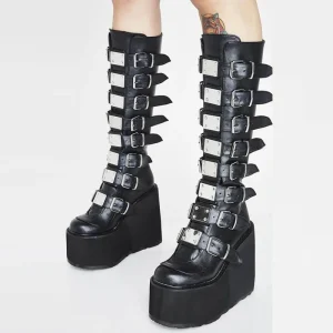 Winter Women’s Independent Station Boots Slip-on for Plus Size Thick Bottom High Boots European American Metal