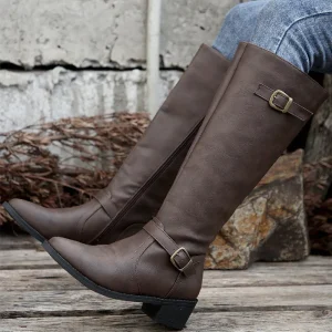 Winter Women’s Knee High Boots New European American Style Cross Border Large Size Thick Heel Square Buckle Zipper