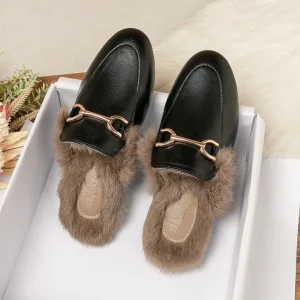 Winter Women’s Plush Outdoor Slippers Mules Metal British Style Genuine Fur Rabbit Flats Ladies Casual Shoes