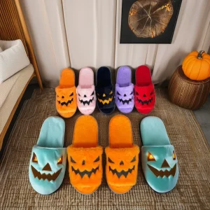 Winter Women’s Sandals Fashion Pumpkin Fur Slippers with TPR Outsole Halloween Decor for Ladies