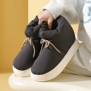 Winter Women’s and Men’s High Top Lace Up Closure Waterproof Thick Sole Plush Warm Indoor Outdoor Cotton Slippers Snow Boots