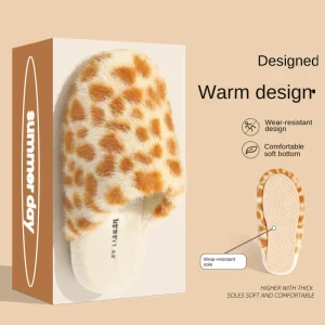Winter Women’s and Men’s Leopard Print Spotted Non Slip Thick Sole Warm Plush Indoor Home Cotton Slippers