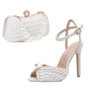 Woman Fish-toe High-heeled Pearl Wedding Shoes Bag Combination Women’s Bridesmaid Bridal Shoes